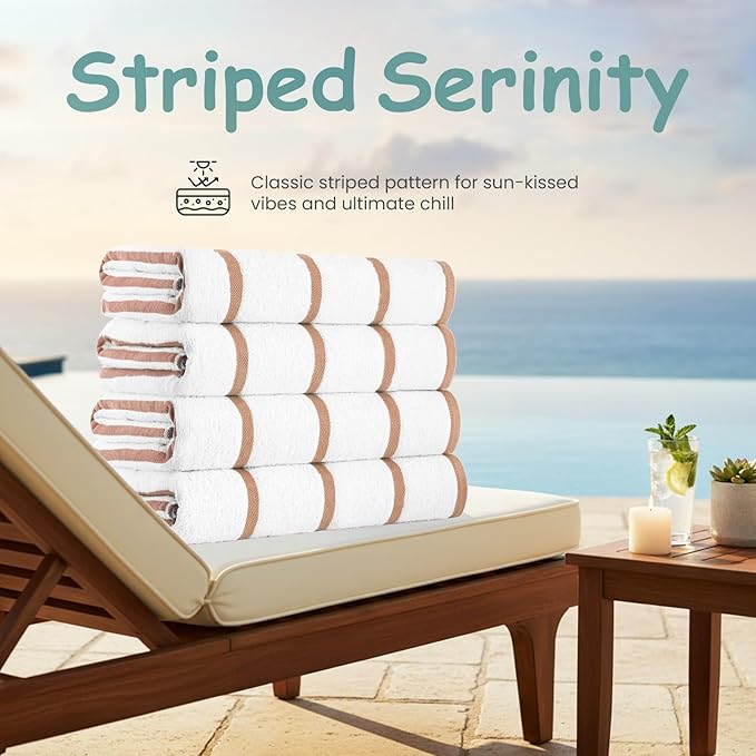 CASA COPENHAGEN Cabana Beach Towel Designed in Denmark Rough and Tough, Quick Dry, Pool, Bath & Shower 30x60 inches 4 Pieces Cotton Beach Bath Towels Set - White Beige Stripe