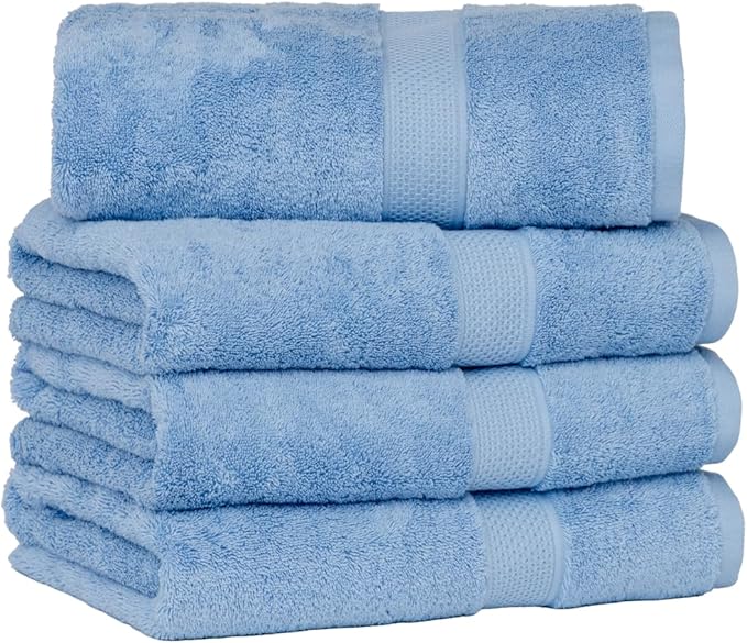 [Japan Technology], Plush Light-Weight Towel, Bath Towel (30x54 inches), 520GSM, Blue, Pack of 4, Quick Dry, High Absorbency, 100% Cotton