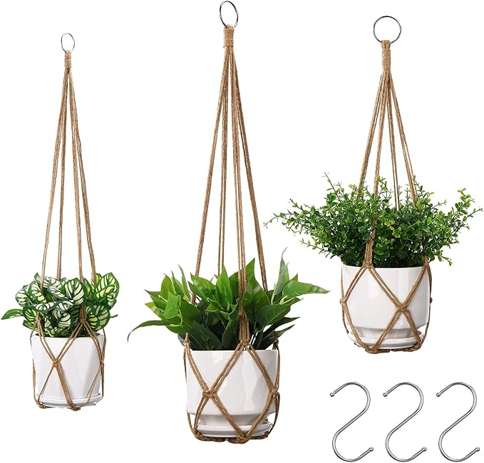YIBOT 3 Pack Macrame Plant Hanger Indoor Hanging Planter Basket with 3 Hooks, 35"/29"/23" Crochet Plant Holder Stand No Tassels for Indoor Outdoor Boho Home Decor, Brown (POTS NOT Included)