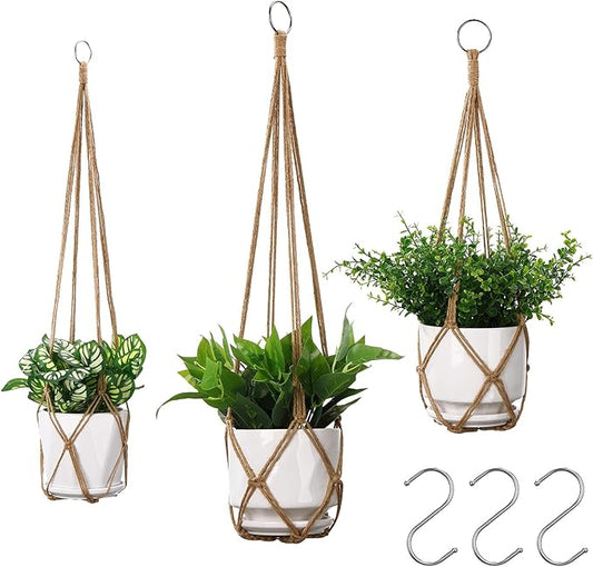 YIBOT 3 Pack Macrame Plant Hanger Indoor Hanging Planter Basket with 3 Hooks, 35"/29"/23" Crochet Plant Holder Stand No Tassels for Indoor Outdoor Boho Home Decor, Brown (POTS NOT Included)