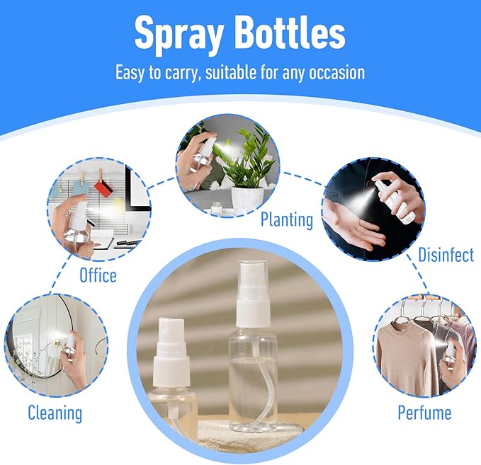 90PCS Small Travel Spray Bottle Bulk 1oz/30ml Clear Fine Mist Spray Bottles Plastic Refillable Mini Empty Bottles for Toiletries Perfume Plant Care Home Cleaning