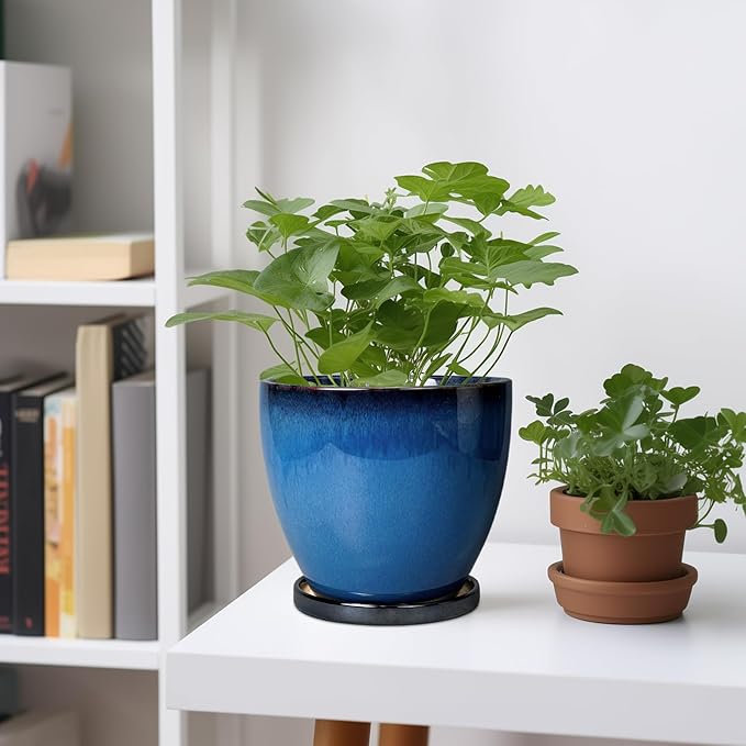 Ceramic Planters for Indoor Plants - 6.8 Inch Plant Pot with Drainage Hole and Saucer Round Modern Planter Home Garden Patio Decor Blue