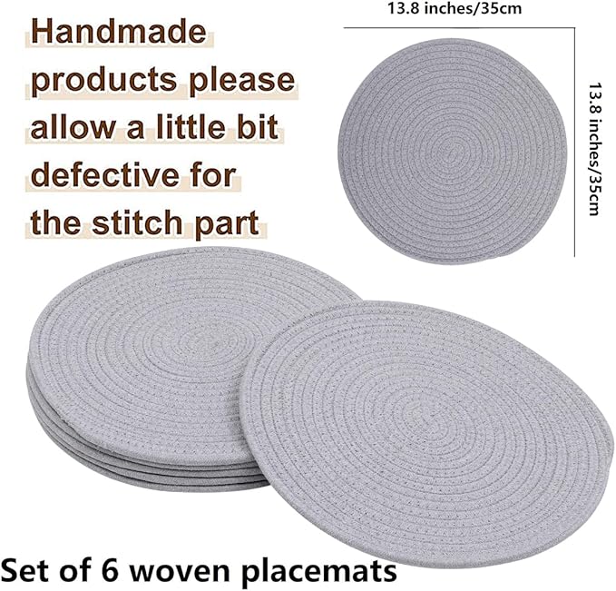 6 Pack Cotton Woven Placemats, 13.8 inches Round Plate Chargers Grey Thick Placemat Set Cotton Rope Braided Tablemats Rattan Tablemats Rustic Weave Placemats for Dining Table