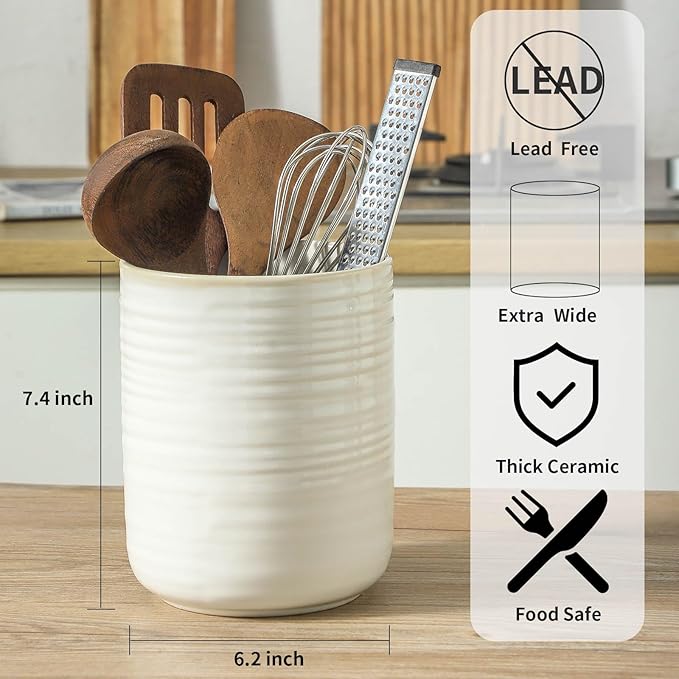 HASENSE Large Utensil Holder, 7.4" x 6.2" Ceramic Utensil Holder for Kitchen Counter, Utensil Oganizer for Utensil Set, Farmhouse Cooking Utensil Crock for Kitchen Decor, Clay-Infused White