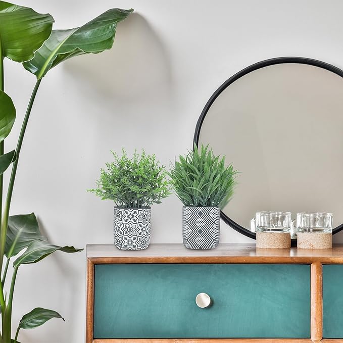 4 Pack Small Fake Plants, Fake Grass Plant, Artificial Boxwood & Rosemary, Lavender with Geometric Pattern Cement Pots, Small Potted Faux Greenery for Home Decor, Office, Indoor&Outdoor Decor