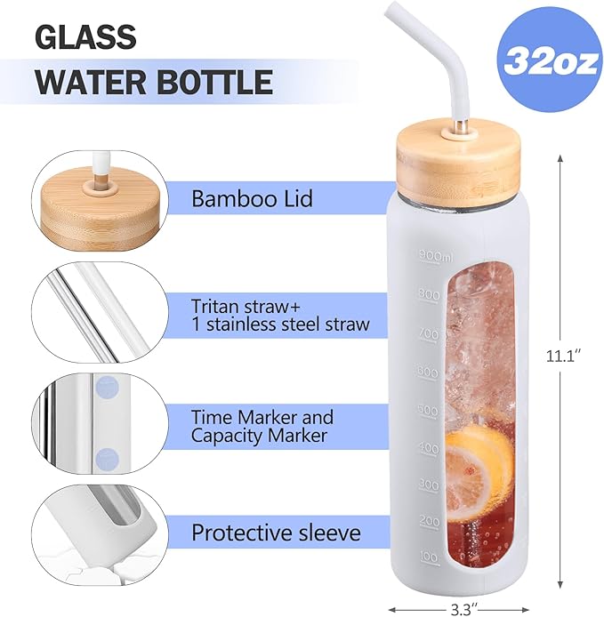 32oz Glass Water Bottle with Straw and 2 Lids- Bamboo and Spout Lid,Motivational Sports Water Bottle with Silicone Sleeve and Time Marker,Reusable for Gym, Outdoors, White