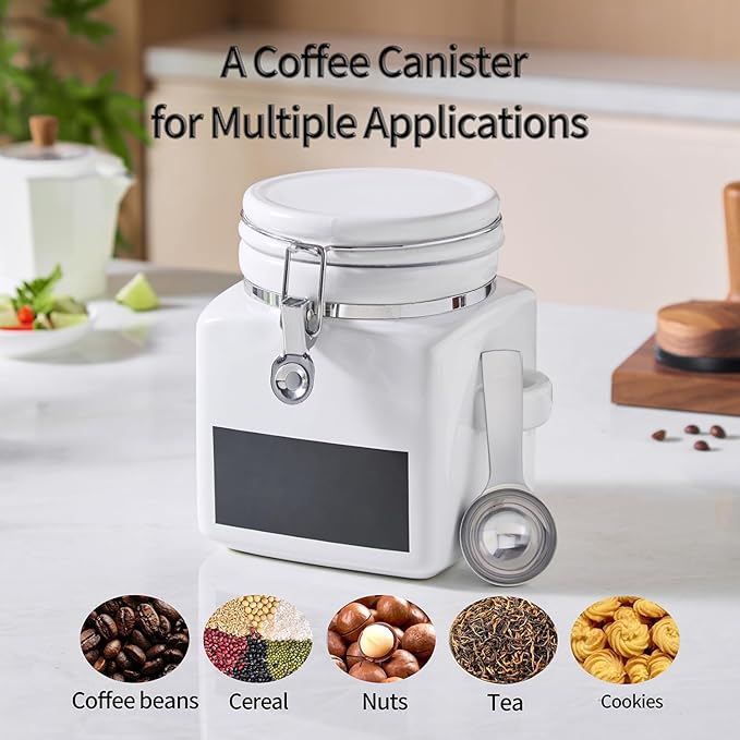 Ceramic Coffee Canister with Airtight Lid and Scoop, Large 74 Fl Oz / 2.2 L Kitchen Food Storage Container Jar for Grounds Coffee, Beans, Tea, Sugar, Flour, Cereal, Nuts, Cookie, White