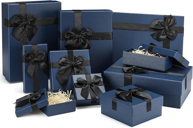 Tenceur 10 Pcs Gift Boxes with Lids Heavy Duty Nested Assorted Sizes Cardboard Gift Boxes for Presents with Ribbon for Xmas Holiday Present(Blue,5 Size)