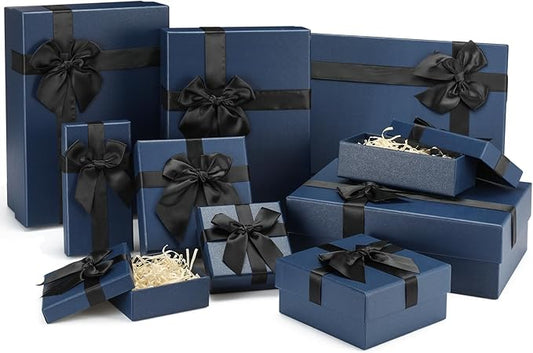 Tenceur 10 Pcs Gift Boxes with Lids Heavy Duty Nested Assorted Sizes Cardboard Gift Boxes for Presents with Ribbon for Xmas Holiday Present(Blue,5 Size)