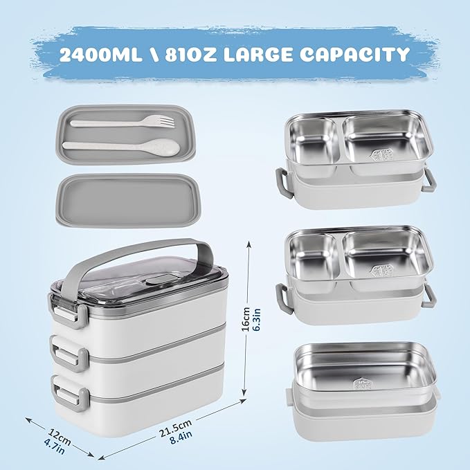 Bento Lunch Box for Kids Women Men, 47oz 2-Compartment Salad Metal Food Prep Pack Container for Lunch, Stainless Steel 3 Layers Stackable Lunch Containers with Lids for Adults and Teens White