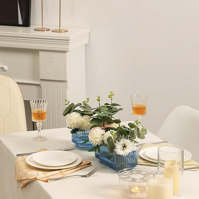 Ribbed Glass Vases, Small Vases for Flowers Set of 2, Blue Glass Vases, Vases for Centerpieces, Bud Vases, Rectangle Vases for Living Room, Bedroom, Kitchen, Dining Table, Shelf, Wedding