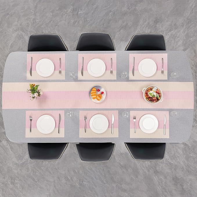 Placemats Set of 6, Vinyl Woven Place Mats Indoor Set of 6 Washable Wipeable PVC Table Mats Heat-Resistant Non Slip Plastic Placemat for Kitchen Dining Outdoor Table (Beige Pink, Set of 6)