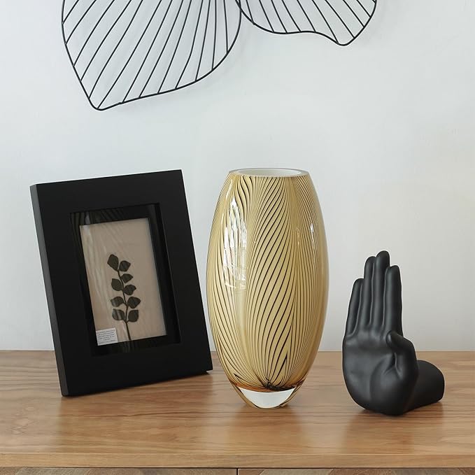 Ca D Oro Murano Style Glass Vase Amber Feather Pattern Hand Blown Art Glass for Flower, Room Decoration and Centerpiece - Model 54 MS