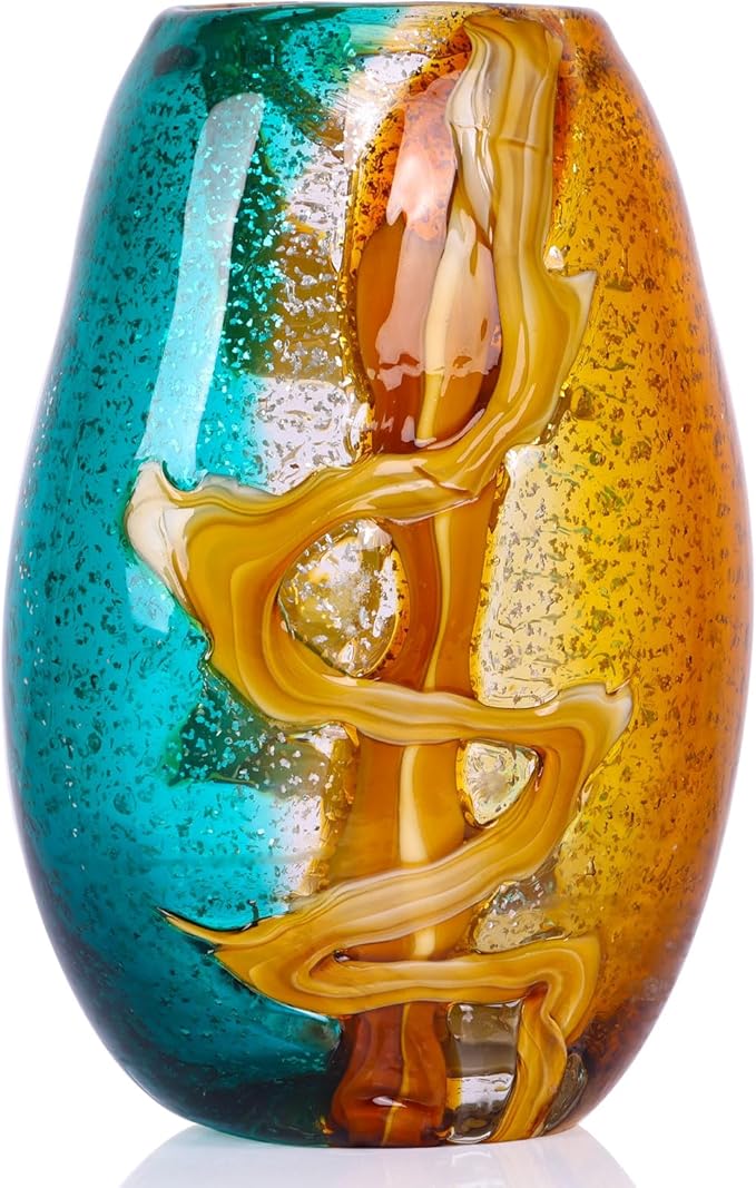 9.8" Hand-Blown Colorful Glass Vase - Green, Blue, Amber, Burnt Orange Decorative Vase for Home Decor - Modern Blue Green Glass for Centerpieces, Weddings, Living Room, Kitchen, Dining, Bedroom Decor