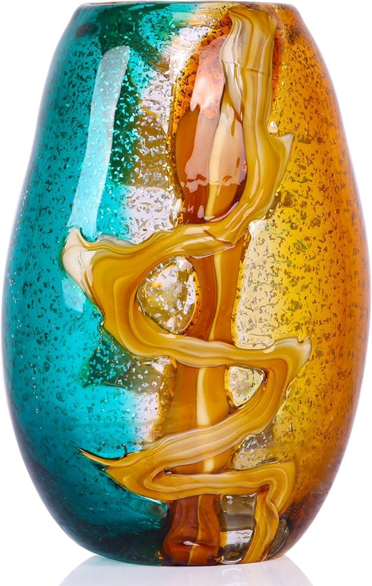 9.8" Hand-Blown Colorful Glass Vase - Green, Blue, Amber, Burnt Orange Decorative Vase for Home Decor - Modern Blue Green Glass for Centerpieces, Weddings, Living Room, Kitchen, Dining, Bedroom Decor