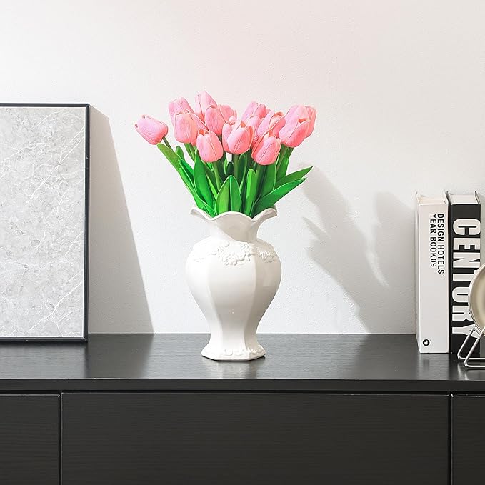 White Ceramic Vase, Decorative Vases for Modern Home Decor, Farmhouse Minimalist Decor, Boho Flower Vases for Living Room, Bedroom, Kitchen, Dining Table, Office, Wedding, 8.5 Inches