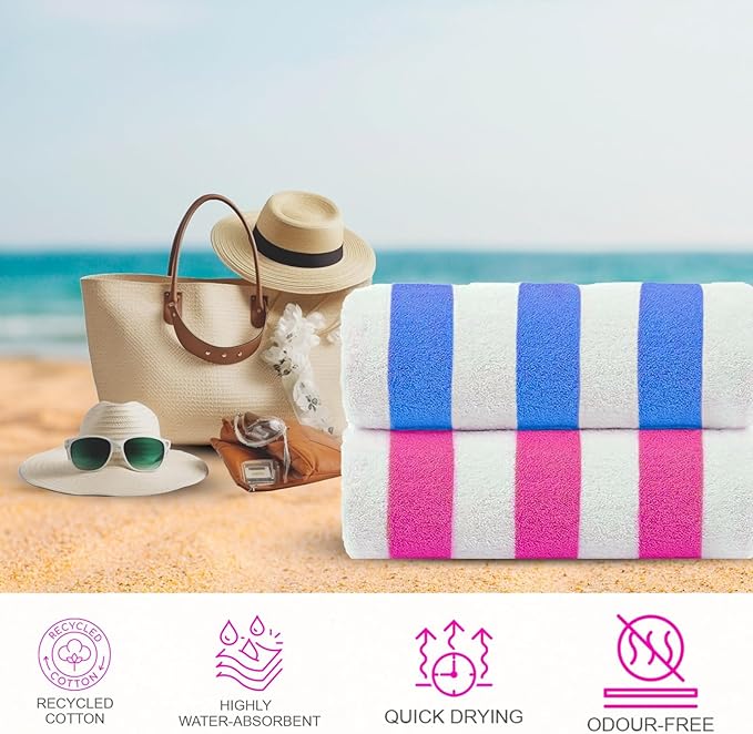 CASA COPENHAGEN Cabana Beach Towel Designed in Denmark Rough and Tough, Quick Dry, Pool, Bath & Shower 30x60 inches 4 Pieces Cotton Beach Bath Towels Set - Turquoise, Royal Blue,Pink, Green