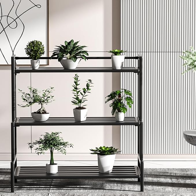 Versatile 3-Tier Metal Plant Stand, Waterproof and Rust-resistant, Heavy-duty Flower Pot Holder for Indoor/Outdoor Use - Adds Elegance to Garden and Home Decor, Black
