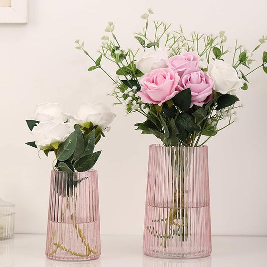 Ribbed Flower Vases Set of 2, Pink Vases for Flowers, Flower Vase for Bouquet, Modern Ribbed Glass Vase for Living Room, Bedroom, Dining Table, Office, Wedding, Centerpieces