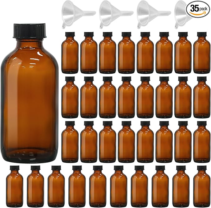 35 Pack 4oz Amber Glass Boston Round Bottles with Polycone Leak-Proof Phenolic Caps – Brown Airtight Refillable Containers for Homemade Vanilla Extract, Essential Oils, Herbal Medicine, and Syrups