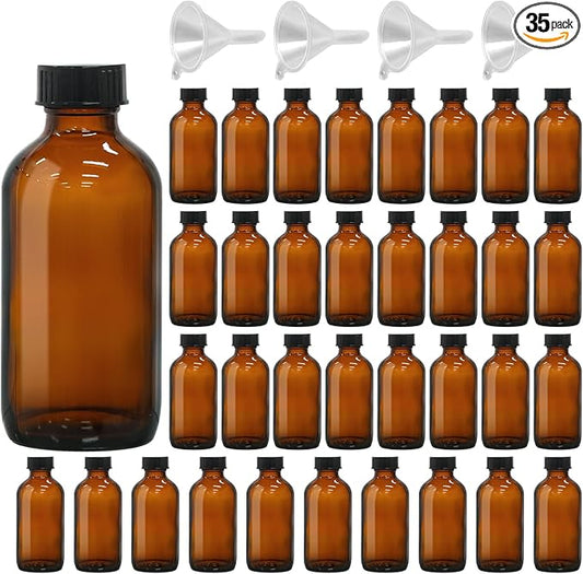 35 Pack 4oz Amber Glass Boston Round Bottles with Polycone Leak-Proof Phenolic Caps – Brown Airtight Refillable Containers for Homemade Vanilla Extract, Essential Oils, Herbal Medicine, and Syrups