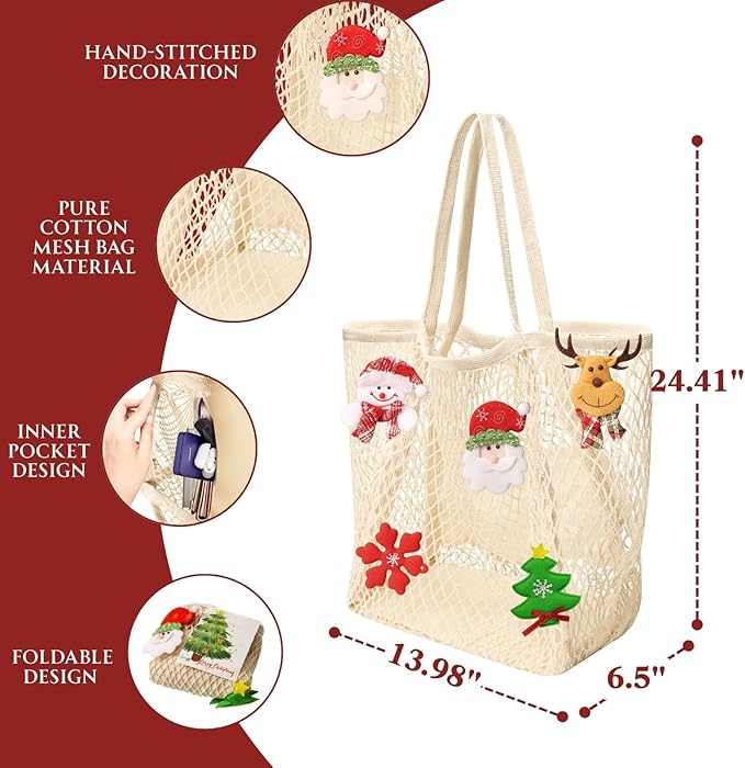 Ofiray-home Cotton Christmas Tote Bag for Woman, Reusable Mesh Grocery Bags with Handles, Greeting Card, Ideal Xmas Gift