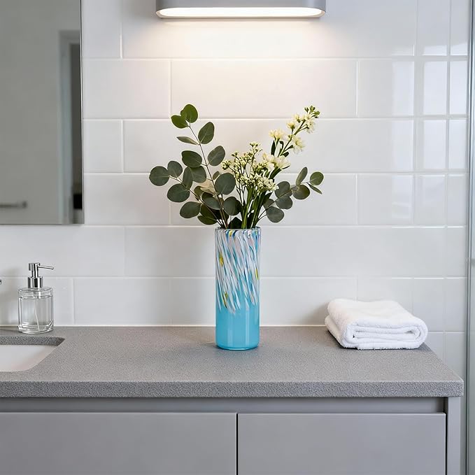 9.45" Tall Blue Vase Hand Blown Glass Vase Green, Modern Blue Home Centerpieces Wide Mouth Vases for Bud&Flower Decor - Ideal Living Room, Kitchen, Wedding, Dining Table, Office Center Table