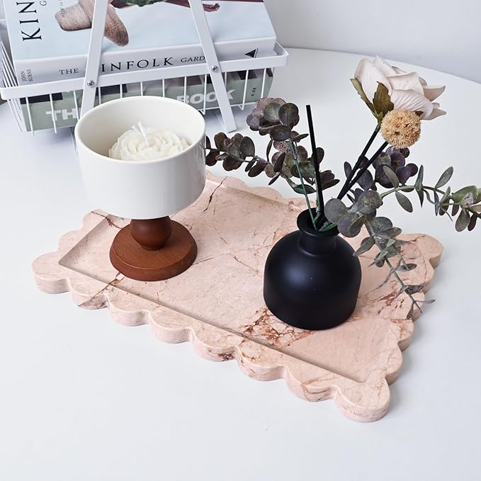 Yew & Tulip Natural Marble Vanity Tray with Scalloped Rim, Nature Rose Pink Luxury Stone Serving Tray for Bathroom, Kitchen, Vanity, Home Decor, Wedding etc. (12"x 8" x 0.6")