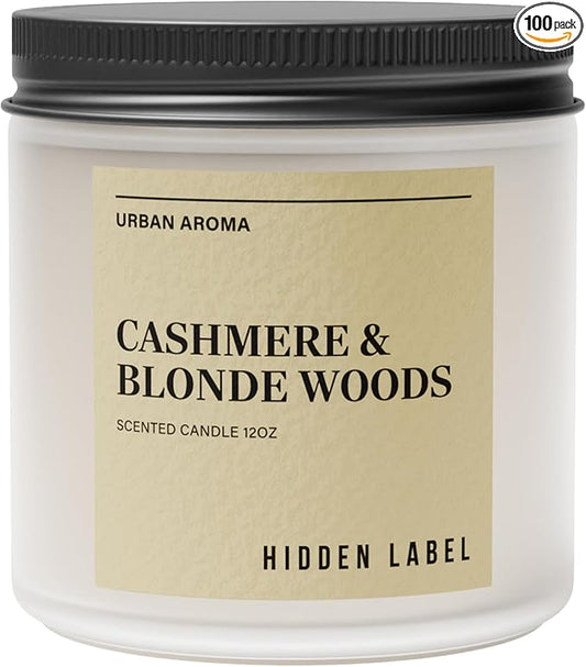 Hidden Label Cashmere & Blonde Woods Soy Candle, 12oz 2 Wick Non Toxic Candles for Home Scented, Bathroom Candle 70H Clean Burning Aromatherapy Candle for Stress Relief & Relaxation Gifts