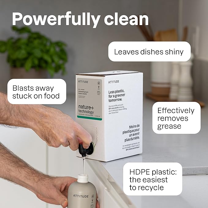 ATTITUDE Dish Soap, Infused with Essential Oils, Plant-Based Ingredients, EWG Verified, Great for Clean and Sparkling Dishes, Vegan Dishwashing Liquid, Lavender & Rosemary, 16.5 Fl Oz