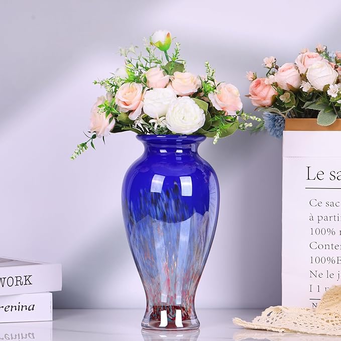 Hand Blown Glass Vase 11.8" Tall Beautiful Dark Blue Sea Wide Mouth Bud Vase for Table Centerpiece, Painted Colorful Murano Glass Flower Vases for - Home Entrance Wedding Center
