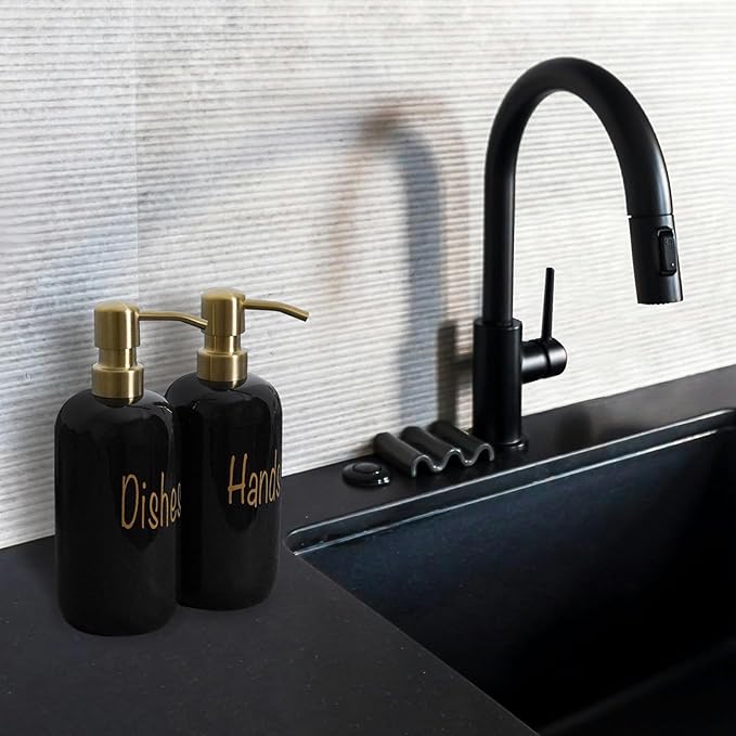 18oz Ceramic Soap Dispenser Set (2 Pack) with Stainless Steel Pump & Bamboo Tray, Bathroom & Kitchen