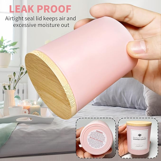 15 Pack Candle Glass Jars- 7oz Grayish Pink Empty Candle Jars with Bamboo Lids and Sticky Labels, Bulk Candle Jars for Making Candles Containers - Dishwasher Safe
