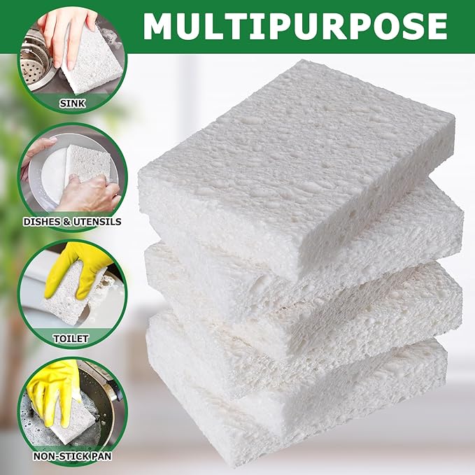 White Plant Based Kitchen Sponges, 24 Count, Dehydrate Cellulose, Natural Organic, Non-Scratch, Recycled Bio-Based, for Dishes and Countertop, Household Cleaning