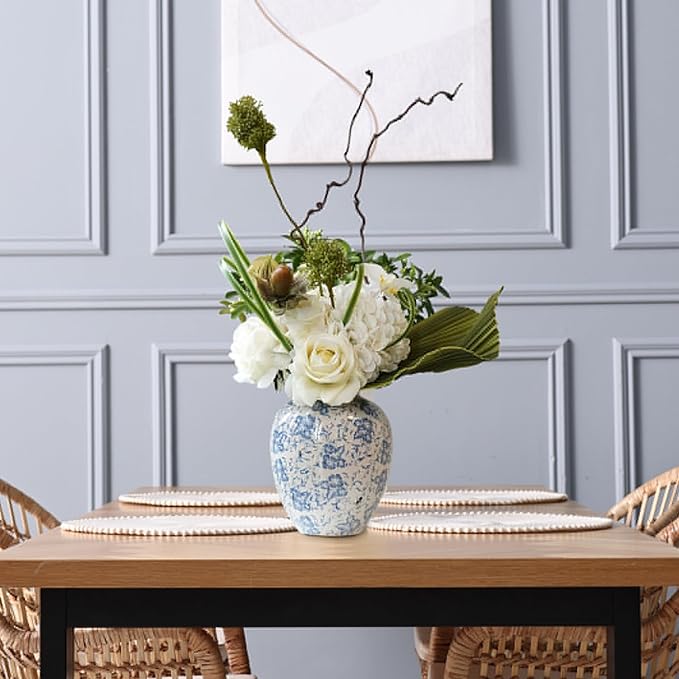 Vintage Blue and White Floral Ceramic Vase – Round Pottery Terracotta Jar for Home Decor, Rustic Farmhouse Boho Table Centerpiece, Fresh or Dried Flower Holder, 7.9 Inch Decorative Accent