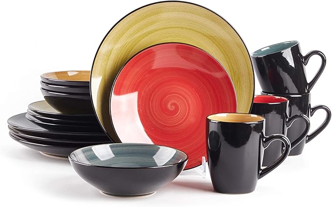 Sonoma 16 Piece Stoneware Dinner Set, Outside Black + Inside Handpainted Mixed Colors Blue, Green, Red, Yellow with speckle