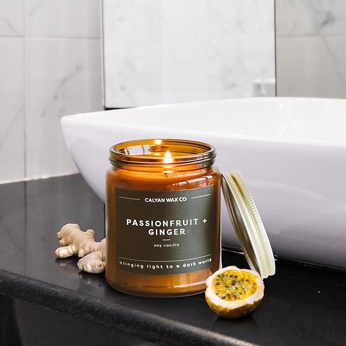 Calyan Wax Co. Passionfruit & Ginger Scented Candle - 57 Hour Burn - Luxury Non Toxic Soy Wax Candles - Long Lasting Amber Glass Jar Candle for Home - 7.2oz