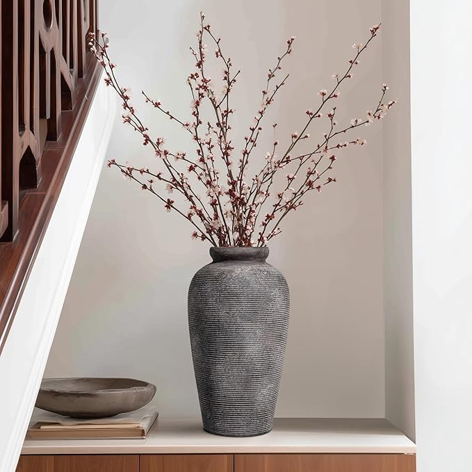 Large Rustic Terracotta Vase, 11 inch Tall Ceramic Flower Vase, Clay Farmhouse Decorative Vases for Flowers, Living Room, Shelf, Entryway, Home Decor, Grey