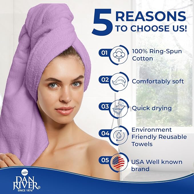 DAN RIVER 8 PC Luxury Bath Towels for Bathroom, 2 Bath, 2 Hand, and 4 Wash Cloths, 600 GSM 100% Ring Spun Cotton Towel Set, Highly Absorbent, Gym, Hotel, and Spa, Lavendar