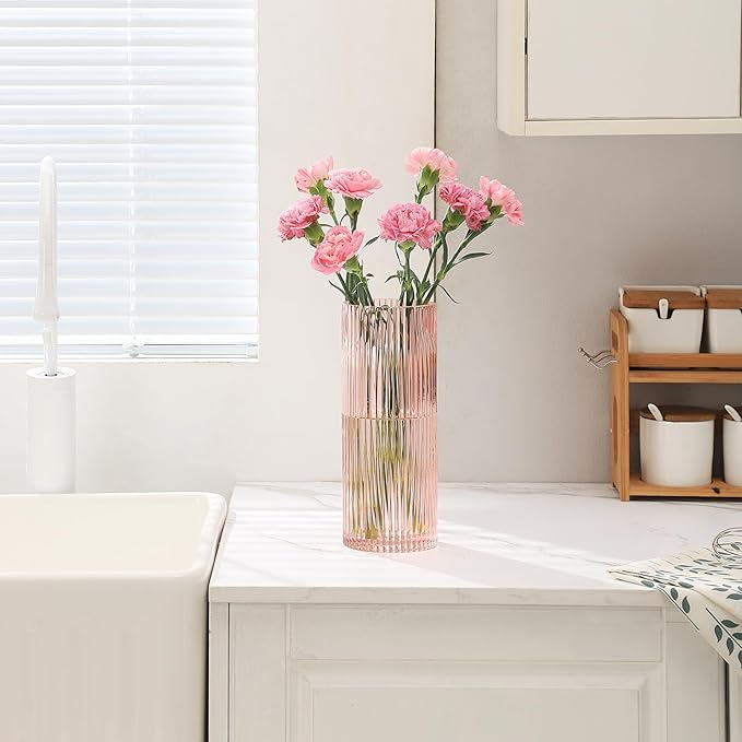 Pink Glass Vase for Flowers Ribbed Glass Vase, Pink Flower Vase, Tall Cylinder Glass Vases for Centerpieces, Living Room, Bedroom, Dining Table, Office, Wedding, Bookshelf Decoration,10 Inches