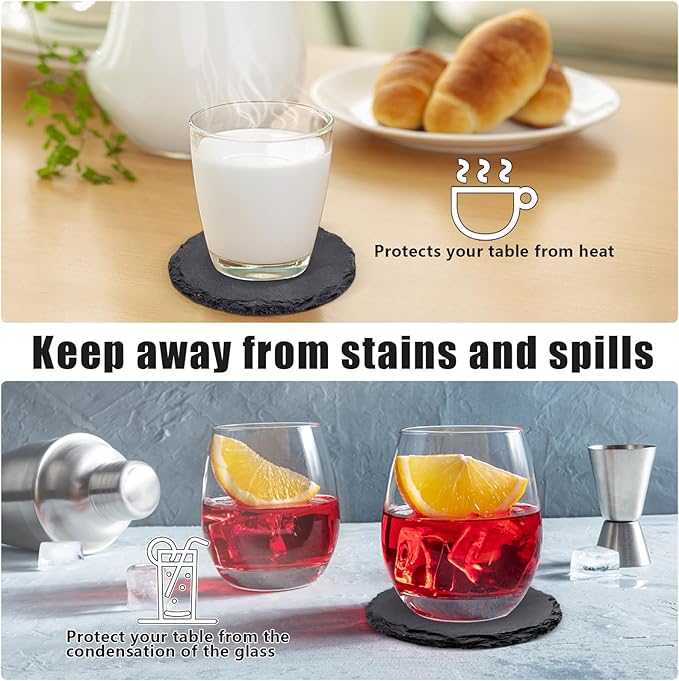 24 Pack Round Slate Drink Coasters, VIBRATITE 4 Inch Black Slate Stone Coasters Bulk Cup Coasters Laser Engraving Blanks with Anti-Scratch Bottom for Drink Coffee Bar Kitchen Home Decor