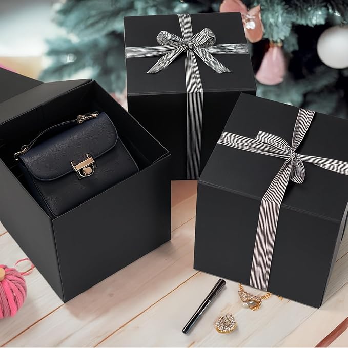 Schliersee 8x8x8 Gift Box with Lids Magnetic Closure Set of 4, Black Square Gift Wrap Boxes for Wedding, Birthday