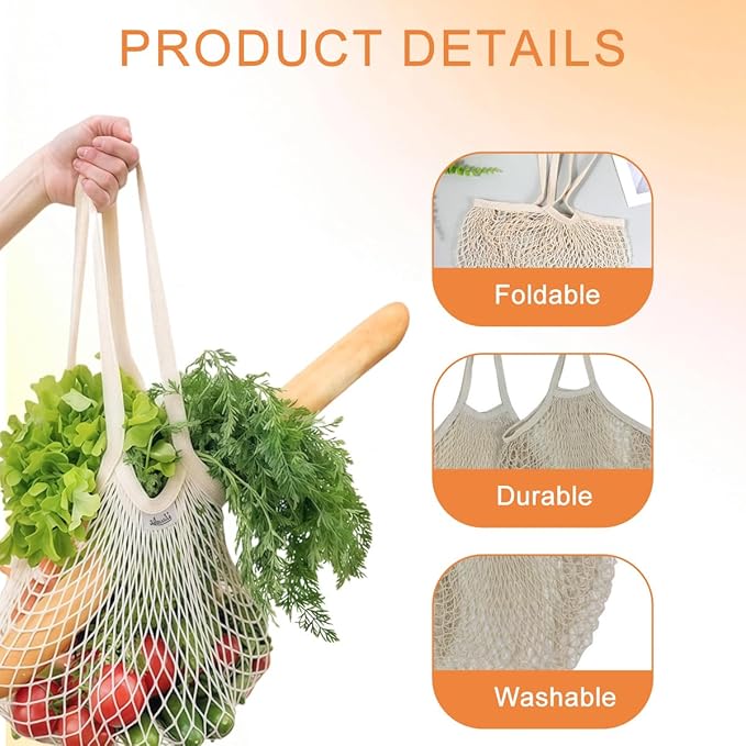QUUPY 2Pcs Reusable Cotton Mesh Grocery Bags Long Handle Net Shopping Tote for Fruits Vegetables Produce Storage (White)