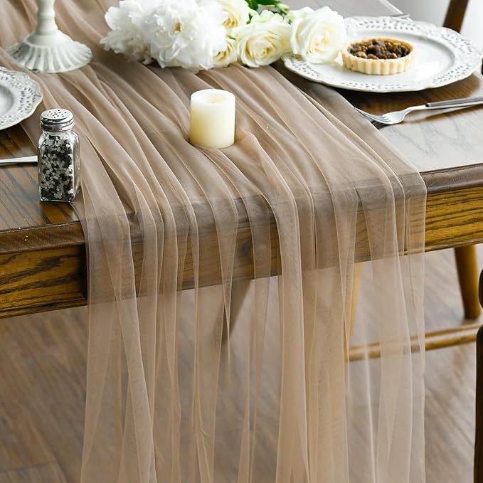 Artoid Mode Coffee Gauze Table Runner 120 Inch 10FT, Seasonal Sheer Kitchen Dining Holiday Wedding Birthday Baby Shower Table Decor for Home Party