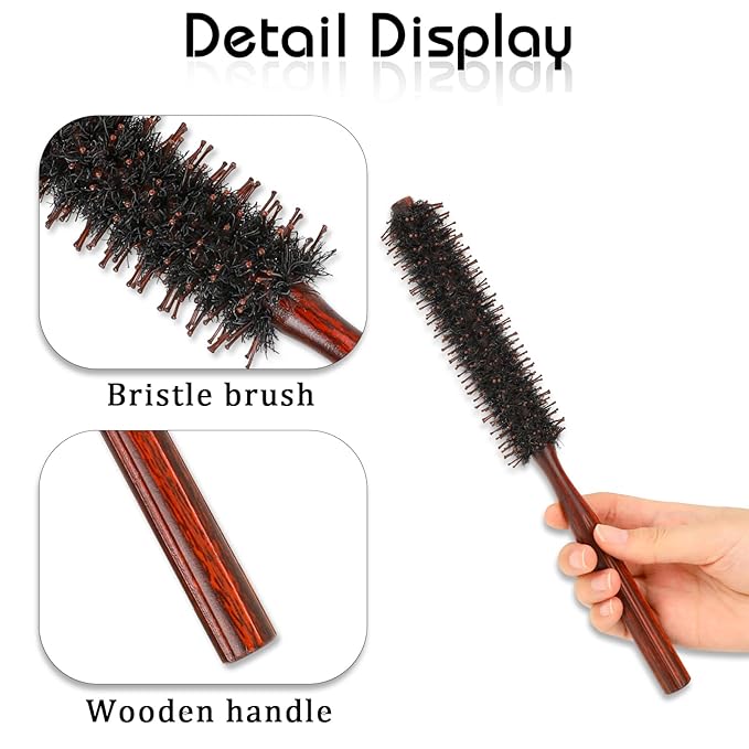 Boar Bristle Hair Brush for Women and Men, Small Round Hiarbrush Blow Drying Brush Soft Bristle Styling Hair Brush with Natural Wood Handle for Straightening Curling Volumizing and Detangling