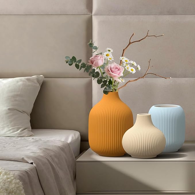 Set of 3 Vibrant Ceramic Vases in Light Blue, Mustard Yellow and Beige - Modern Minimalist Ribbed Decor for Centerpiece, Farmhouse Living Room, Kitchen Shelf, Gift Idea