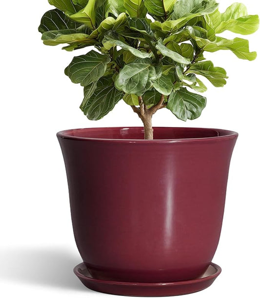 12 Inch Pots for Plants - Ceramic Planter for Indoor Outdoor, Round Plant Pot with Drainage Hole and Saucer, Large Planters, Modern Flower Pots, Home Room Office Decor, Gardening Gifts, Red