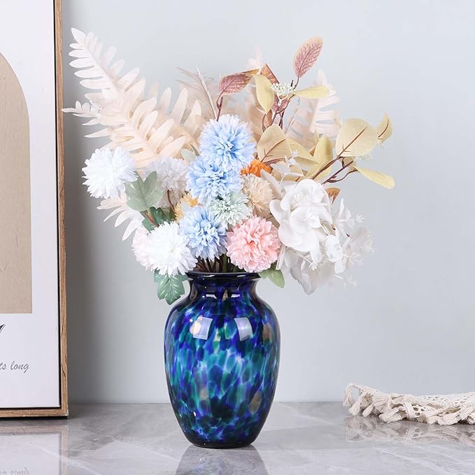 9" Cobalt Blue Blown Glass Vase – Hand Blown Wide Mouth Glass Art Sculpture, Coastal Sea Glass Decor Centerpiece, Unique Nautical Vase for Flowers, Bookshelf, Dining Room or Entryway (Blue)