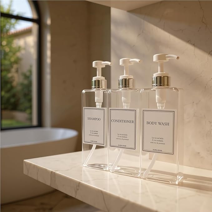 Modern Design 27 oz Shampoo and Conditioner Dispensers - Plastic Refillable Pump Bottle Set for Bathroom Shower Soap Dispenser, Gift Box Included, Set of 3 (Clear & Silver)