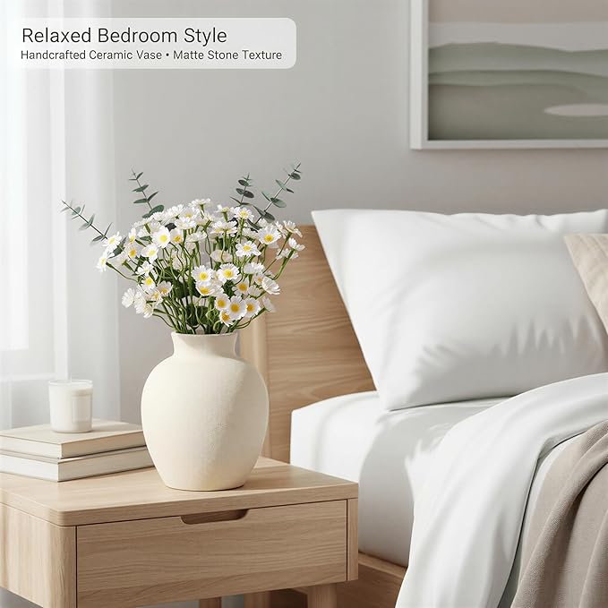 6-Inch Off-White Ceramic Flower Vase, Rustic Farmhouse Boho Pottery Centerpiece for Home Decor, Table, Living Room & Mantel